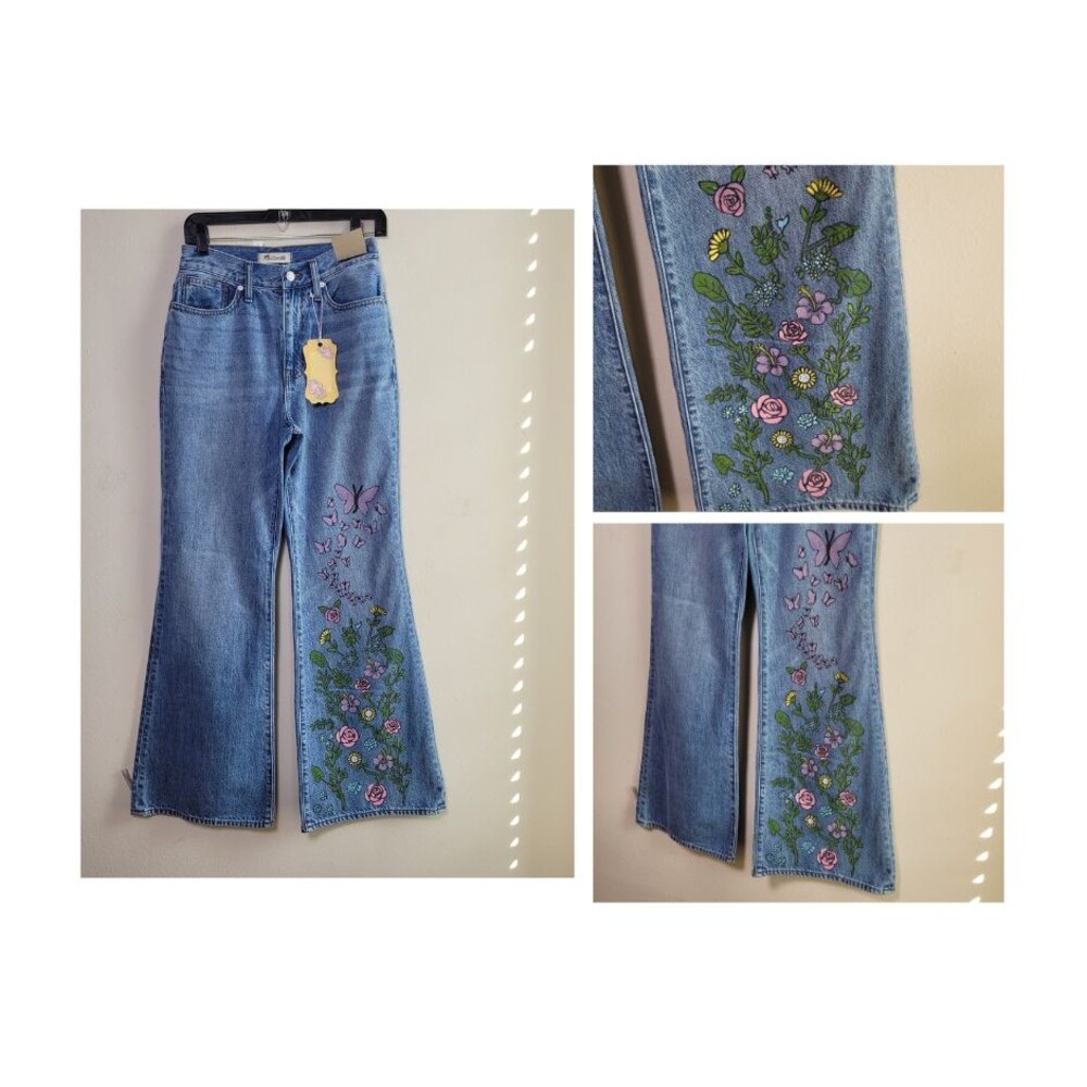 NEW Madewell Baggy Flare Jeans Blue  High Rise W26 Painted Flowers Boho Hippie